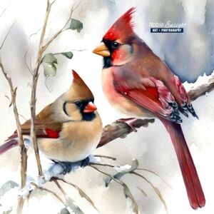 4x6 Red Cardinal‎ Female Cardinal Love Birds Watercolor Oil Painting